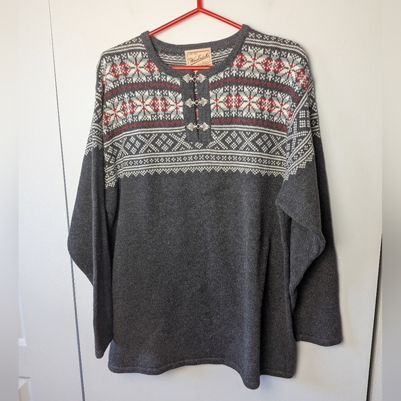 WOOLRICH Original Outdoor Wear Knit Women Crewneck Sweater Size XL Gray And Red - Picture 1 of 10